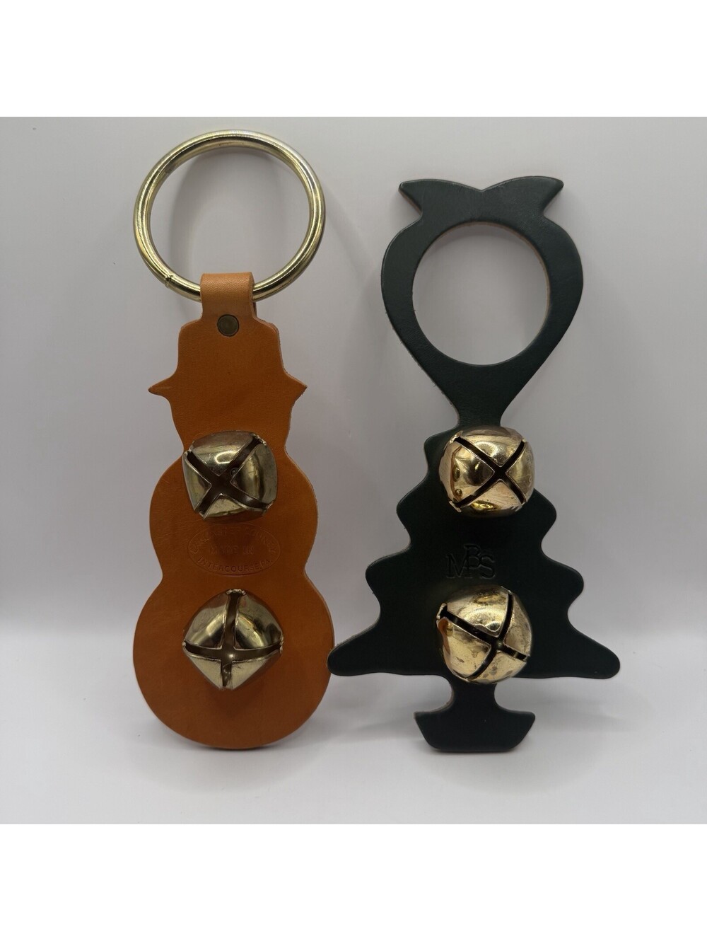 Amish Hand Made Sleigh Bell Door Hanger Lot Of 2 Leather Christmas Snowman Tree